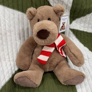 Brown Stuffed Bear with Red and White Scarf